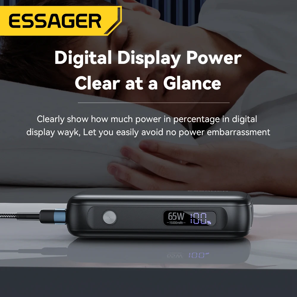 Essager 휴대용 15000mAh USB C 케이블 포함, 외부 예비 배터리 팩, 아이폰 아이패드 맥북용, 65W 고속 충전기 