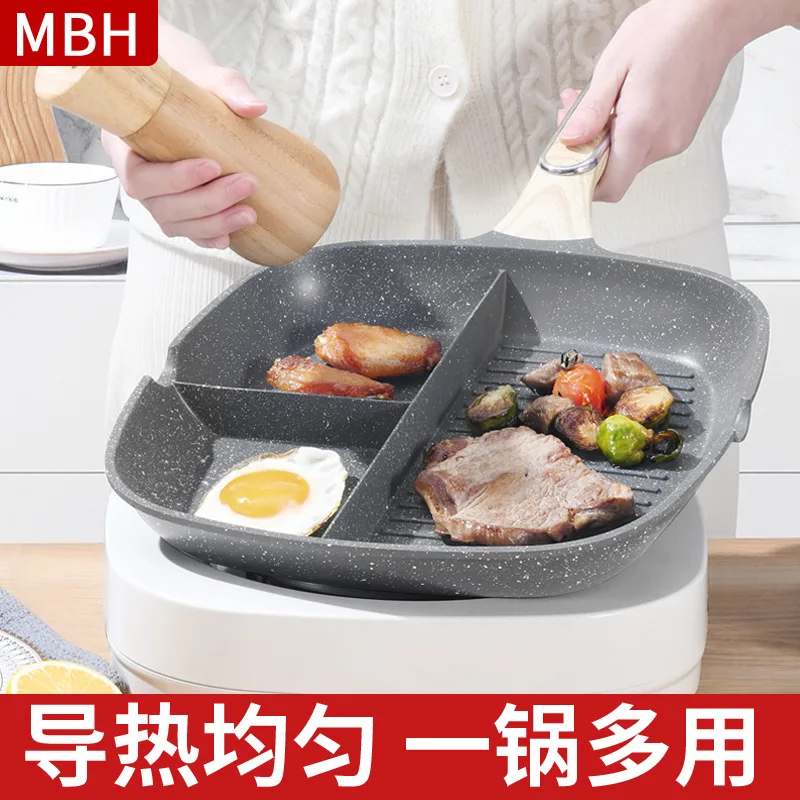 3-in-1 Multi-Compartment Breakfast Pan, Divided Non-Stick Steak Frying Pan, Low Smoke Cookware