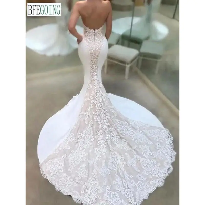 Vestidos de novia de sirena/trompeta, cola de la capilla, hechos a medida, hasta el suelo, crepé, gasa, apliques de encaje, vestidos de novia