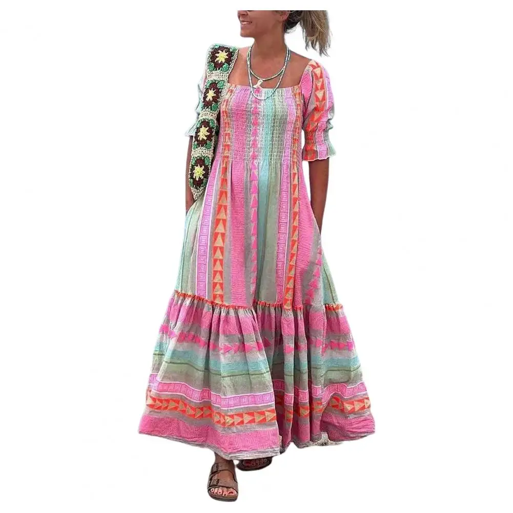 

Elastic Band Dress Geometric Color Block Dress Bohemian Style Maxi Dress with Geometric Print Pleated Patchwork for Women Square