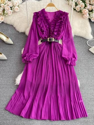 Women Spring Autumn Dress Retro Temperament V-neck Ruffled Bubble Long-sleeved Waist Slimming A-line Pleated Dress D1892