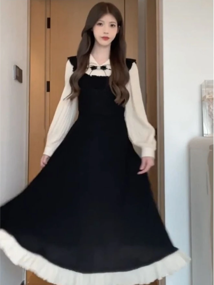 Vestido coreano de dos piezas de imitación de retazos suaves estilo Hepburn, vestidos adelgazantes que se ajustan a la cintura para mujer, nuevos trajes de moda de invierno 2025