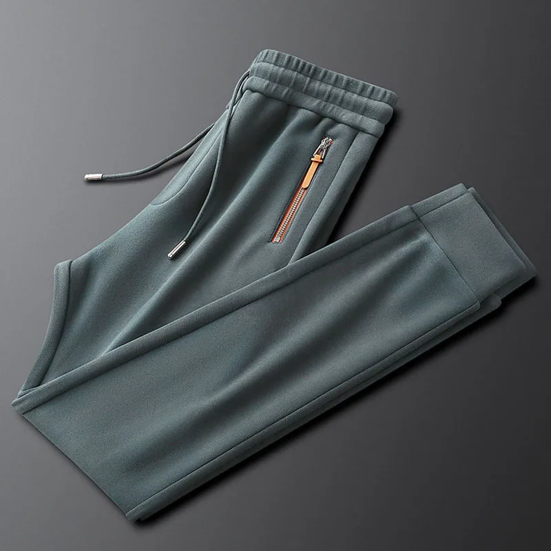 

Stretch double-sided fleece casual sweatpants men's winter zipper pocket men's embroidered beaded sweatpants thick