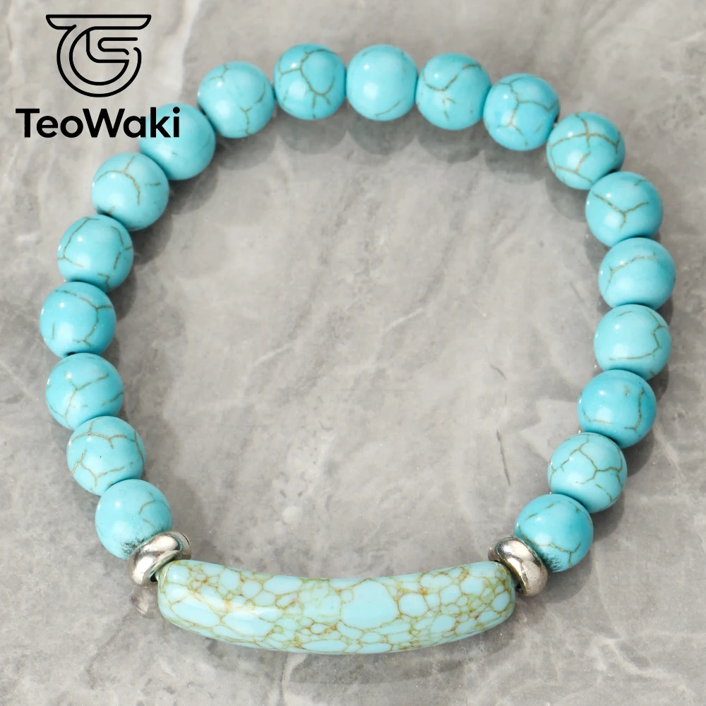 Teowaki Natural Stone Beaded Elastic Stretch with Round Beads and Bridge-type Blue Turquoise Decoration Daily Jewelry Gift 19cm