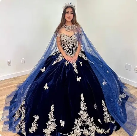 Velvet Navy Blue Cape Wrap Luxury Princess Prom Gowns Pretty Applique Butterfly Boning Spring Summer Quinceanera Dresses