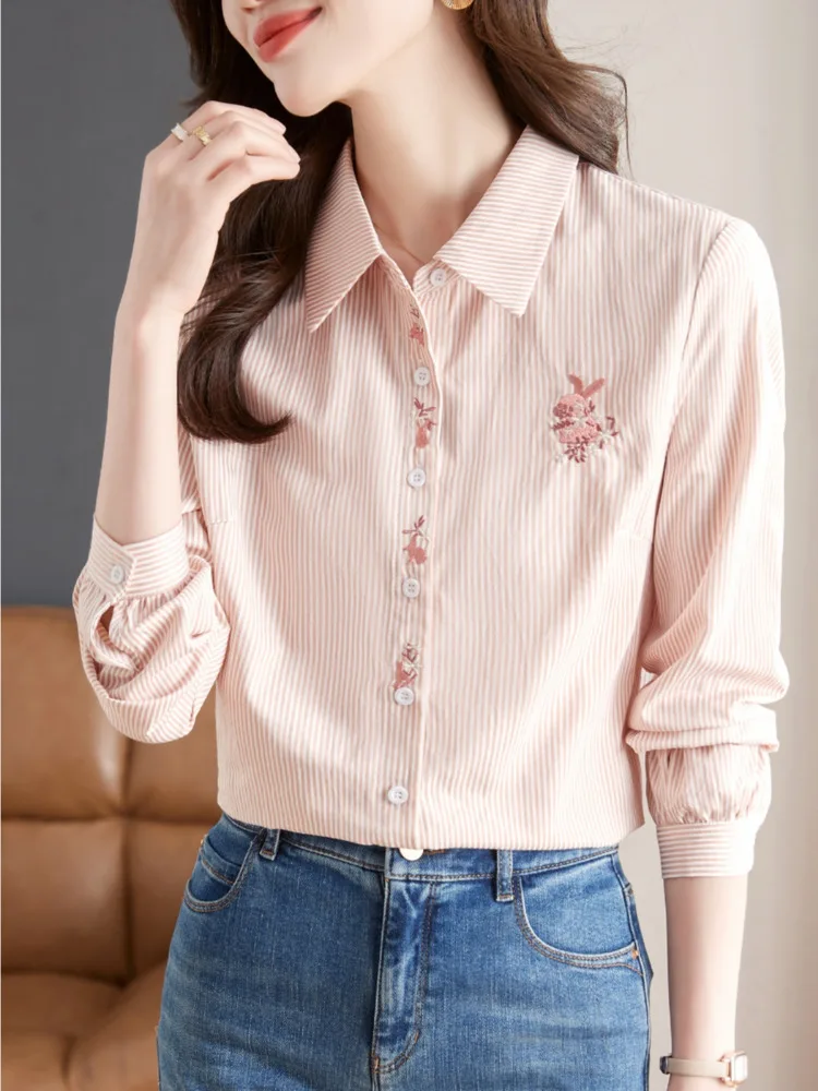 #3251 Pink Striped Shirts Slim Fit Cotton Embroidery Vintage Shirts Female Long Sleeve Single Breasted Womens Tops And Blouses