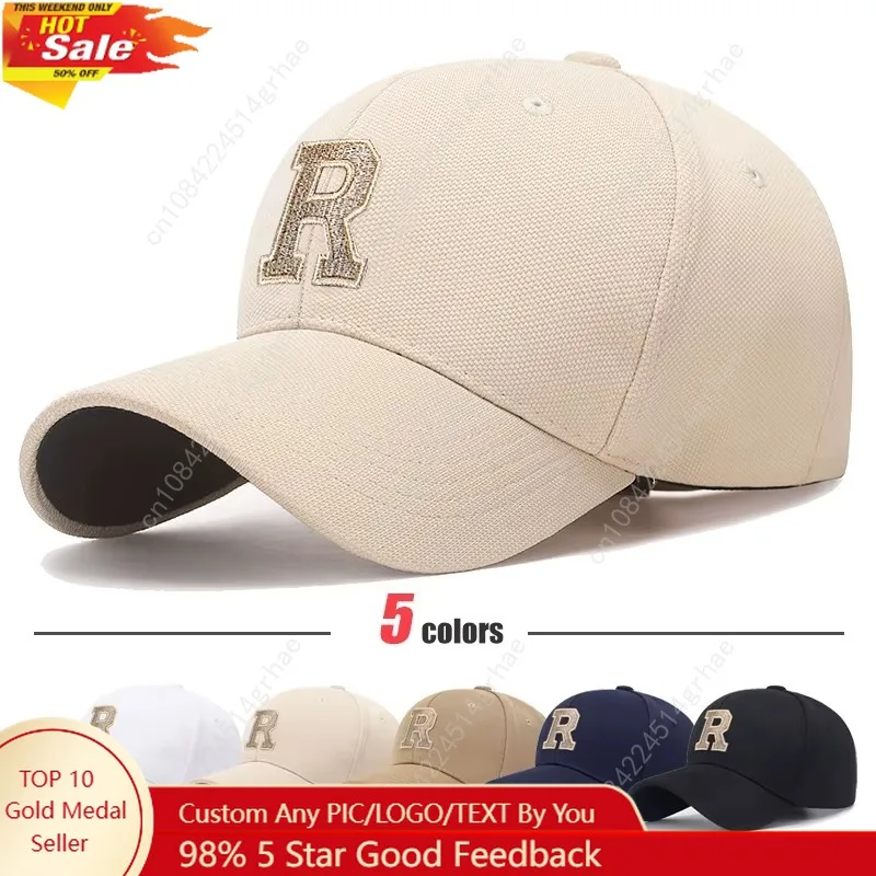 Brand New R Letter Gold Thread Embroidery Elastic Pineapple Cloth Material Thick and Durable High Quality Baseball Cap