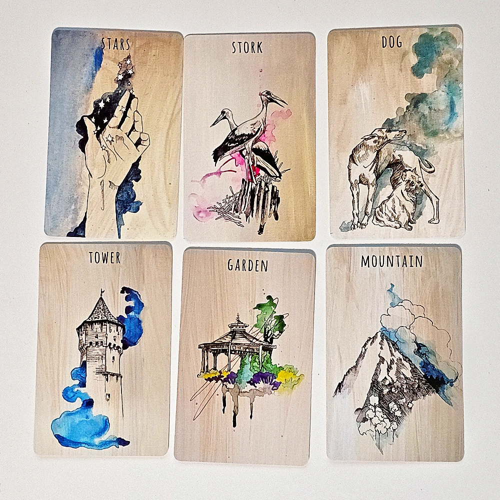 36 Stück Lenormand-Karten mit Aquarellmotiv, 9 x 6 cm, gedruckt auf 350 g/m2, doppelt geprägter Karton, Scrying Ink Lenormand Deck