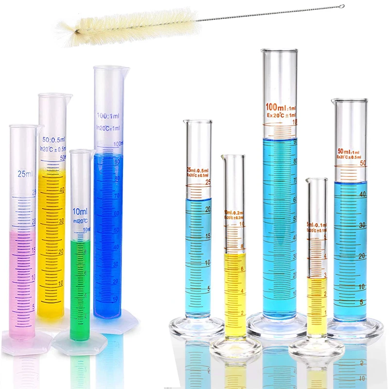 

Glass/Plastic Graduated Measuring Cylinder Set 5ml 10ml 25ml 50ml 100ml Glass/Plastic with One Brush