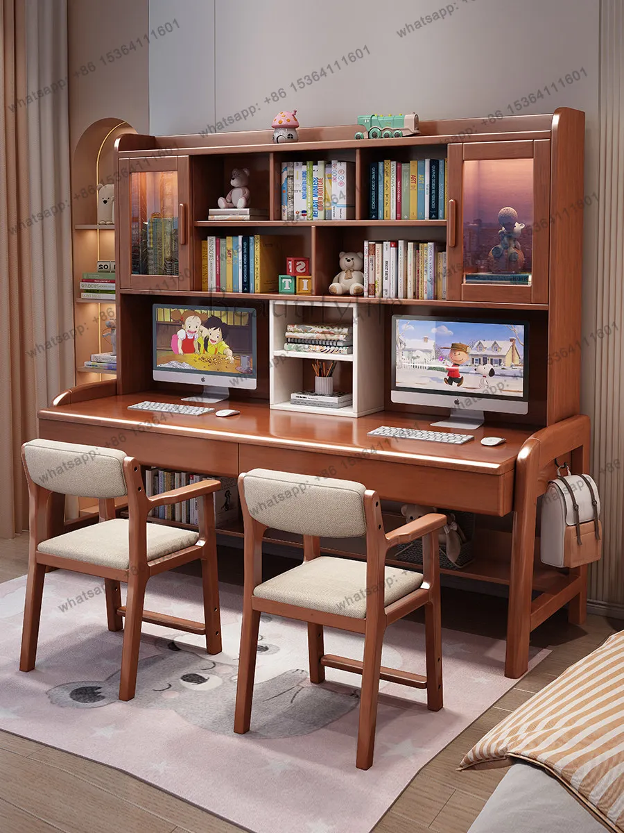 Solid wood double desk bookcase integrated simple learning home table and chairs