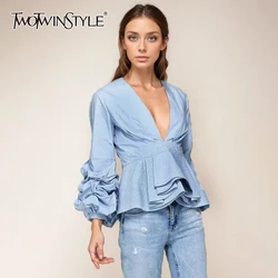 TWOTWINSTYLE Solid Patchwork Ruffles camicette eleganti per le donne scollo a V manica lunga pieghe impiombate camicia dimagrante moda femminile