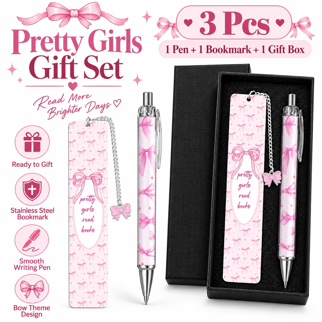 3 Pcs Pink Bow Gift Set For Women Girl Including Metal Bookmark With Bow Charm Ballpoint Pen Gift Box Cute Playful Reading Gift