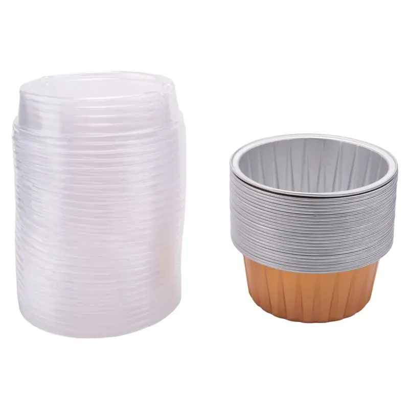B-est Dessert Cups with Lids, 25 Pack Gold Aluminum Foil Baking Cups Holders, Cupcake Bake Utility Ramekin Clear Pudding Cups