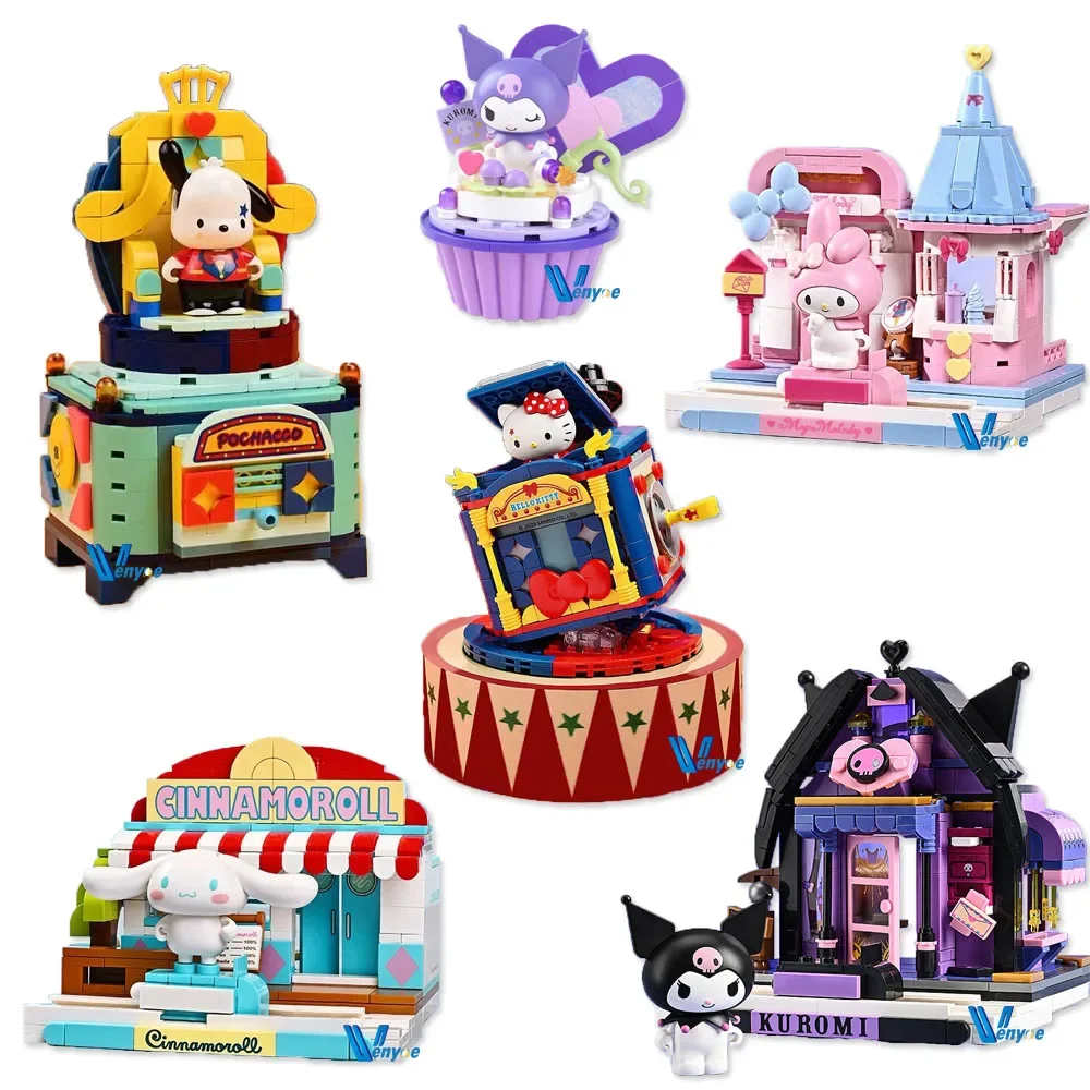 

Sanrio Magic Circus Building Blocks Kuromi Melody Street View Model Cinnamoroll Dessert Mini Bricks Figures For Kids Santa Gift