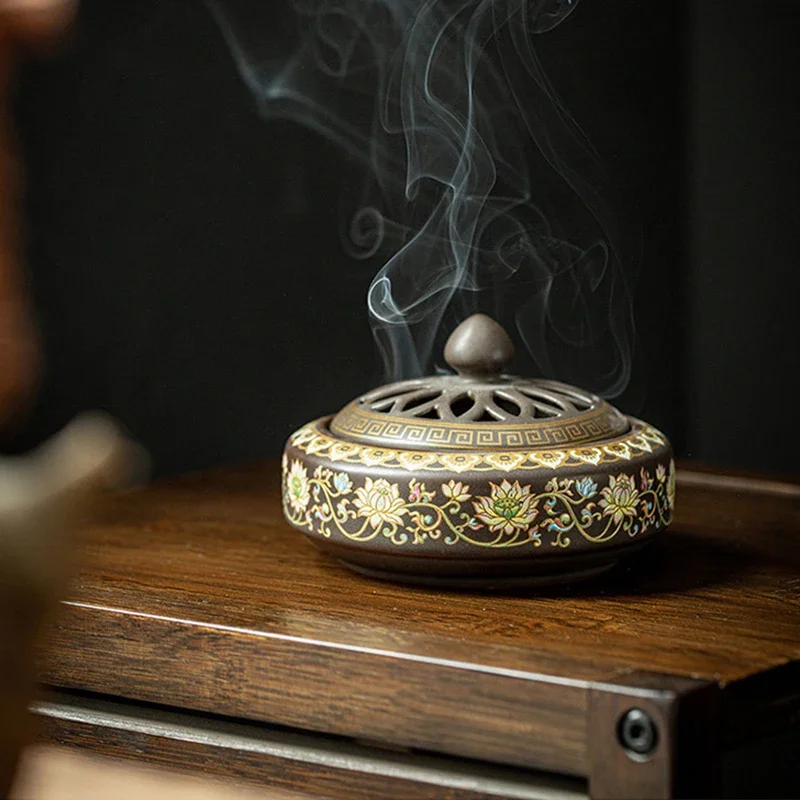 Colored Enamel Lotus Incense Burner Ceramic Painted Incense Tea Bowl Ceremony Accessories Sandalwood Coil Censer Home Decor