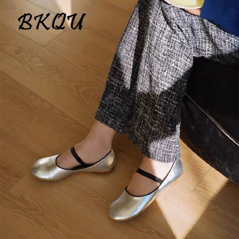 

BKQU Brand Women's Ballet Flats Shoes Summer 2024 New Trend Big Head Shallow Mouth and Soft Sole Female Mary Jane Gold Silver