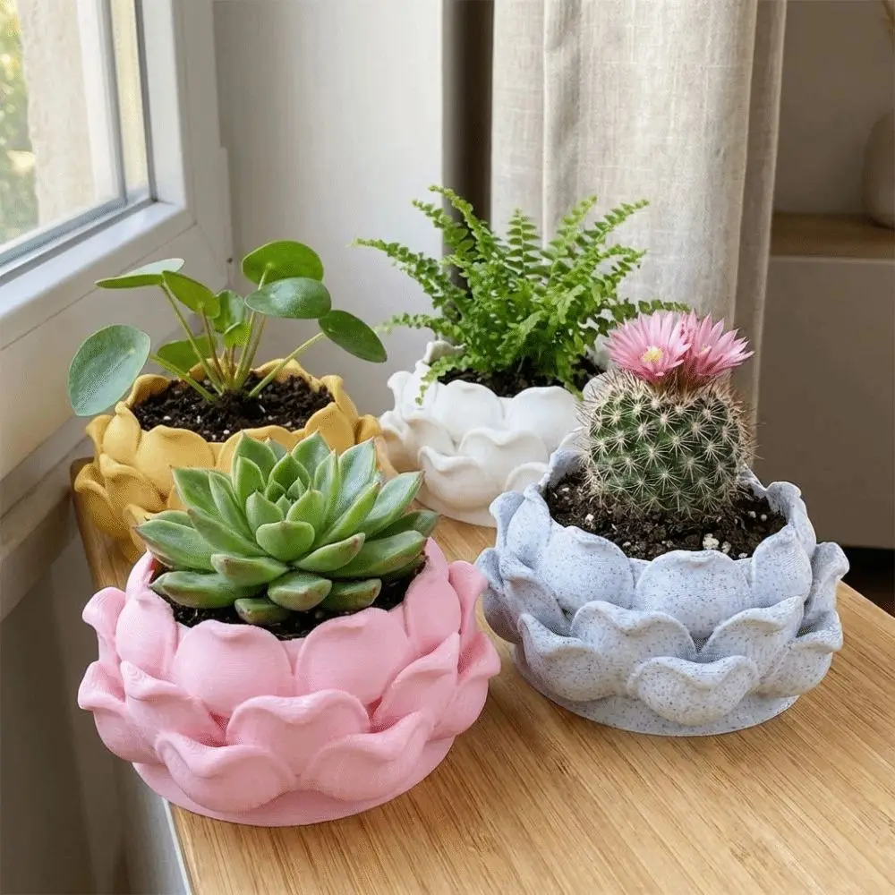 Lotus Shaped Succulent Plant Pot 3D Printed Flower Vase Growing Pots with Drainage Hole Plastic Flower Container for Living Room