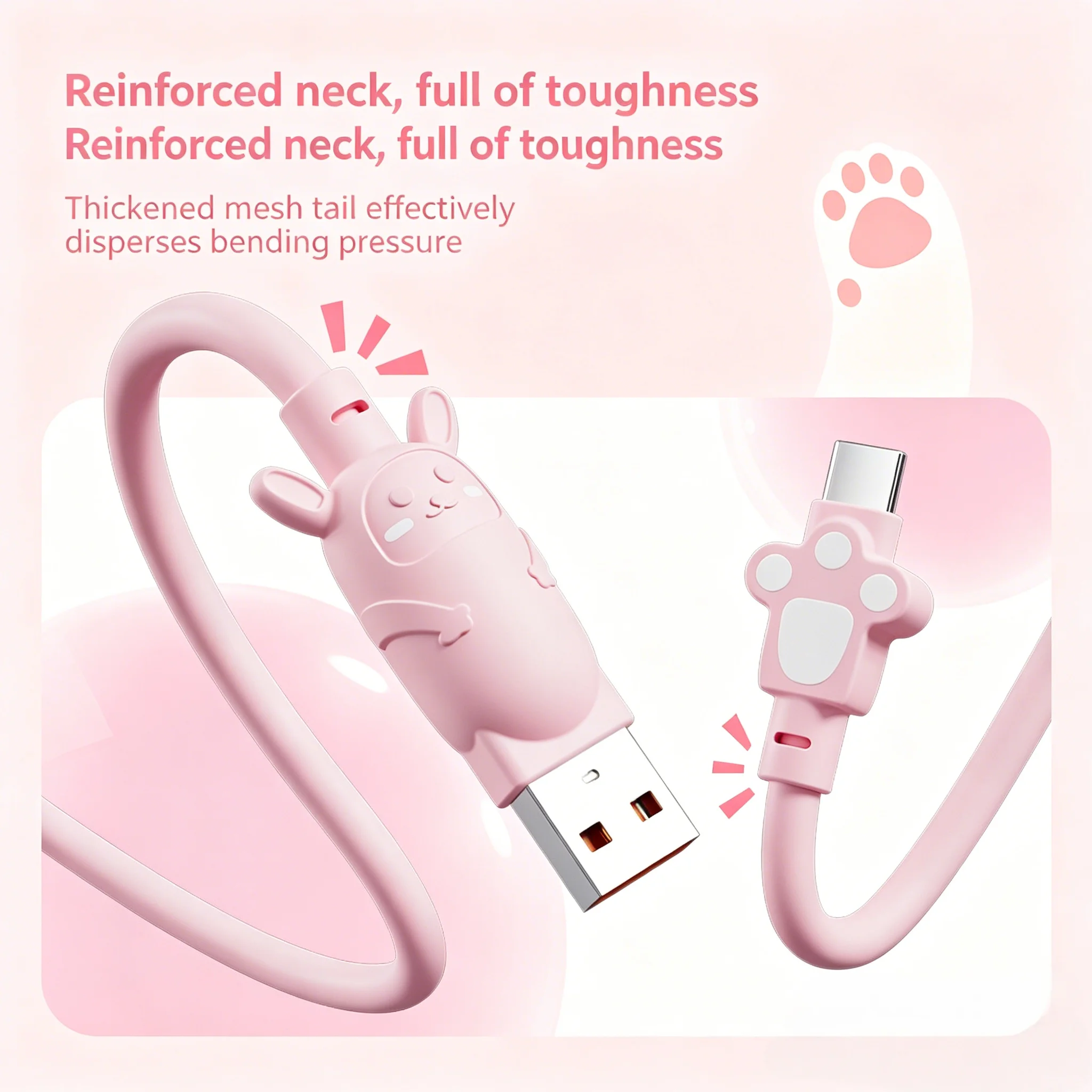 65W Cute Rabbit Fast Charging Cable - Pink Skin-friendly USB C Cable Fast Charging Cable for Mobile Phones