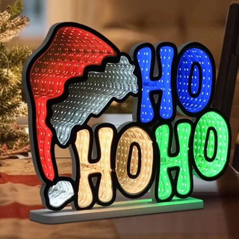 Santa Hat HOHOHO Infinity Mirror Neon Sogn for Wall Decor Christmas Tunnel Light Night Lights Mantel Table Centerpiece Lamp Xmas