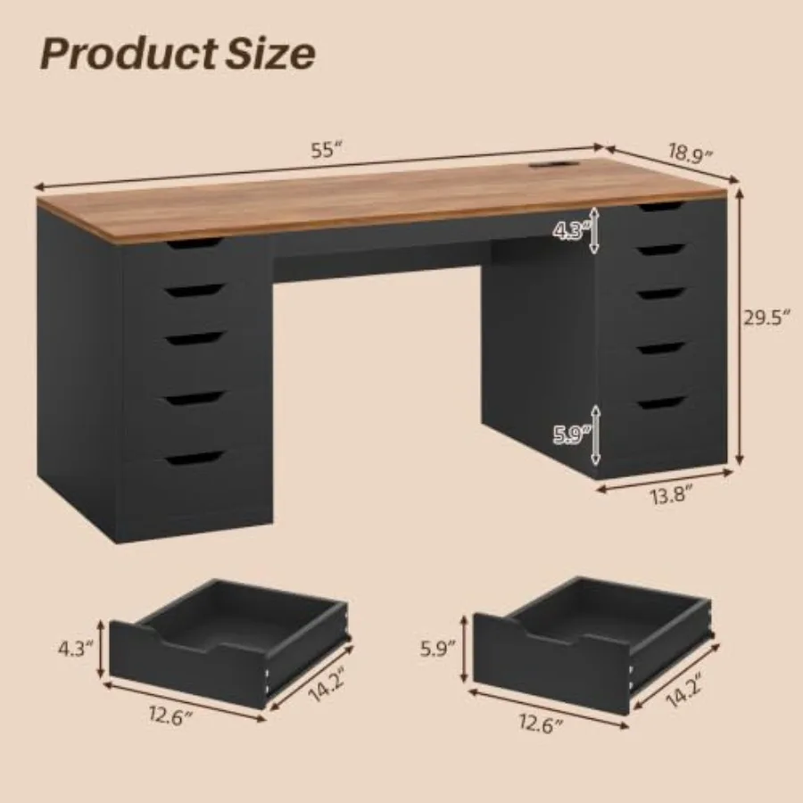 55 Inch Computer Desk with 10 Drawers and Outlets for Home Office: Engineered Wood, White, Space-Saving Design with Built-in Po