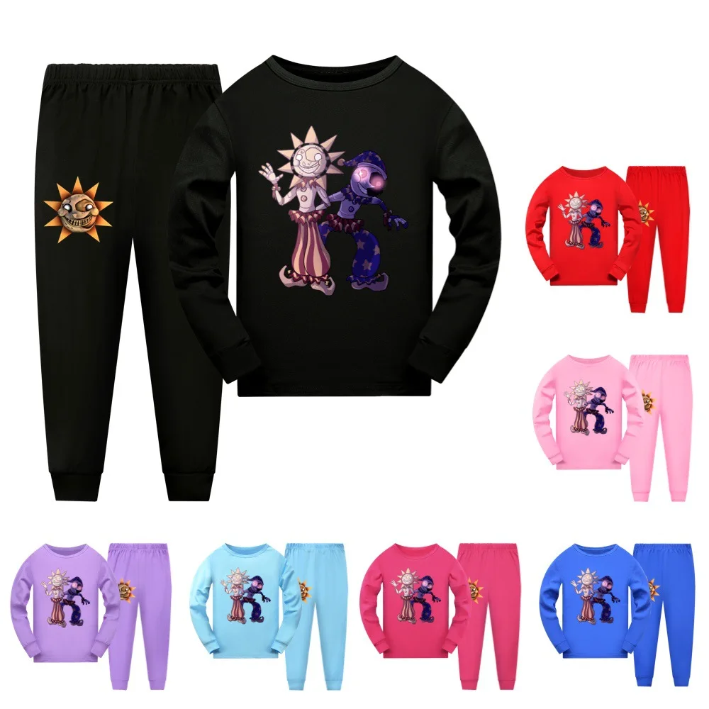 Sundrop FNAF Sun Kids Pijamas Clothes Girls Long Sleeve Pajama Sets Boys Cartoon  T-shirt Pants 2pcs Suits 3-16Year