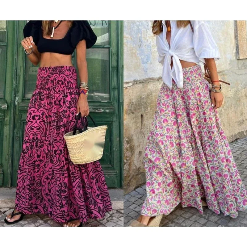 Floral Dresses Midi Dresses Women Summer European And American Skirt 2025 Summer New Beach Vacation Casual Printed Skirt Dresses