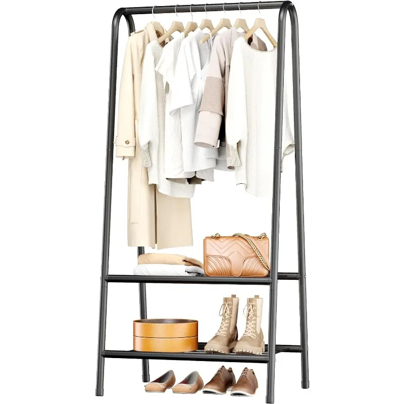 

Portable Metal Garment Rack, Sturdy Clothing Rack with Double Layer Shelf for Storing Clothes, Shoes, Suitable for Bedroom