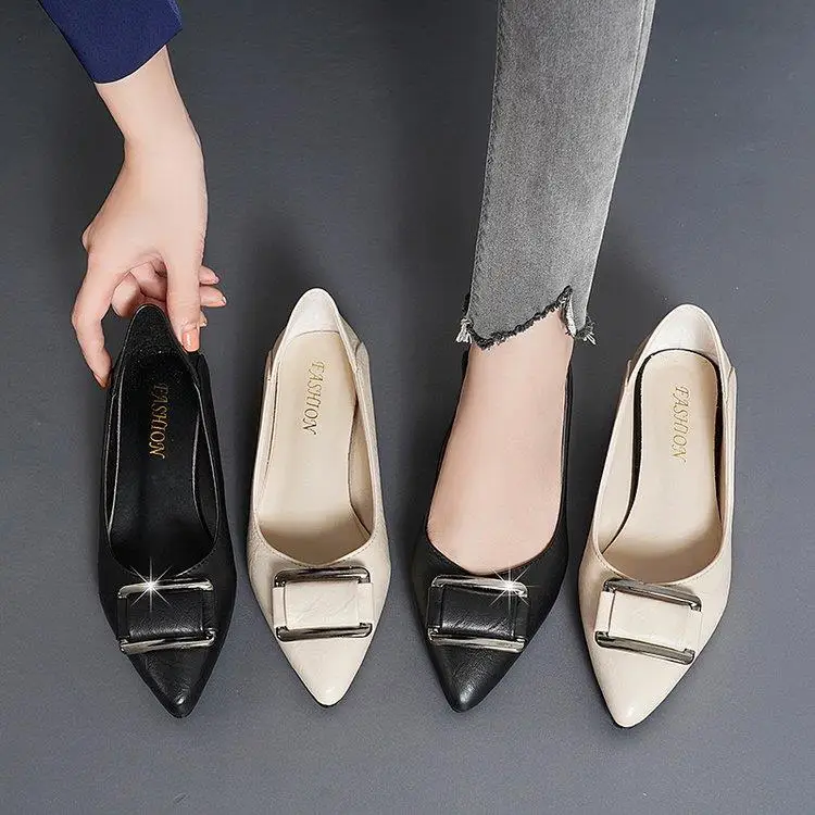 2022 Square Heels Pointed Toe Pumps Shoes Women Leather Med Heels V Mouth Casual Office Lady OL Shoes 5 cm Heel