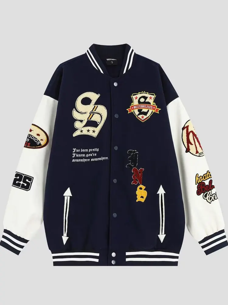 

Retro American Embroidered Baseball Jaet Men's Spring Autumn High Street Trendy Splice Color Couple Outerwear Polyester Fiber