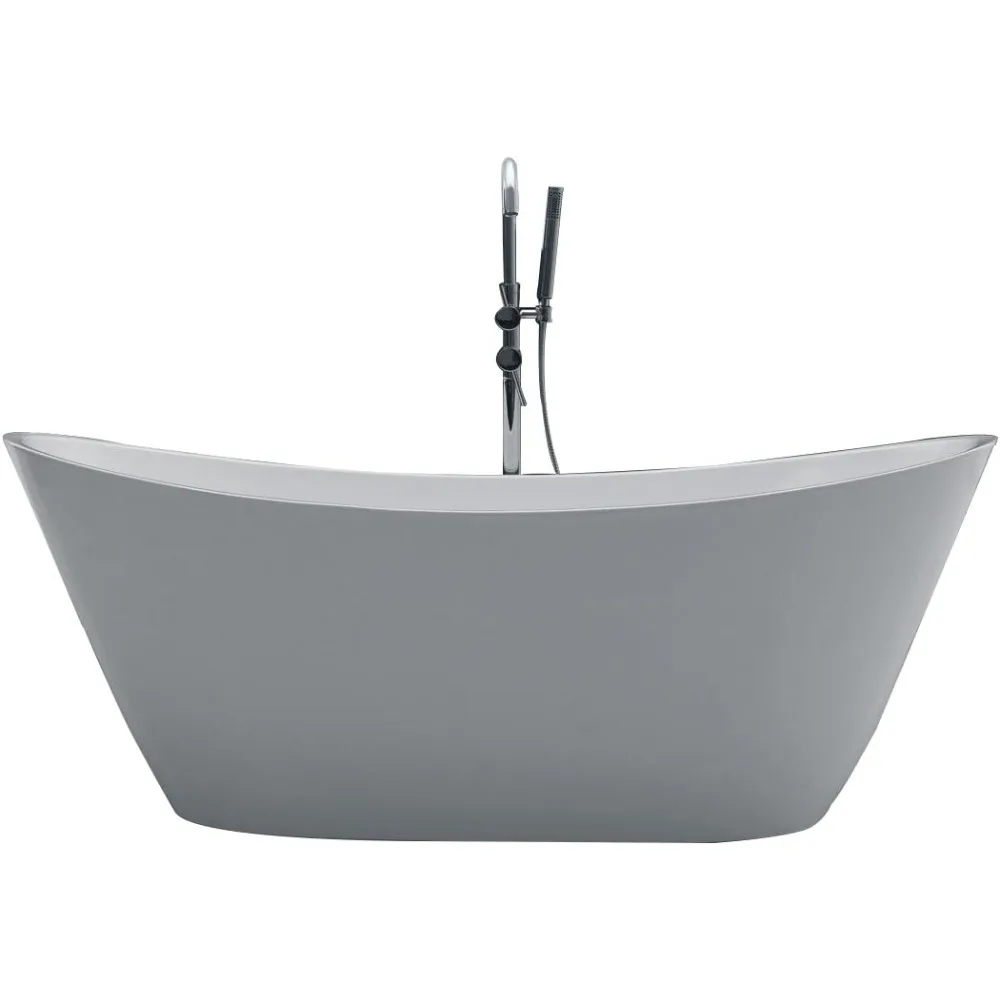 

67" Modern Freestanding Acrylic Bathtub, Non-Slip Deep Soak in Glossy White with Chrome Overflow & Middle Drain