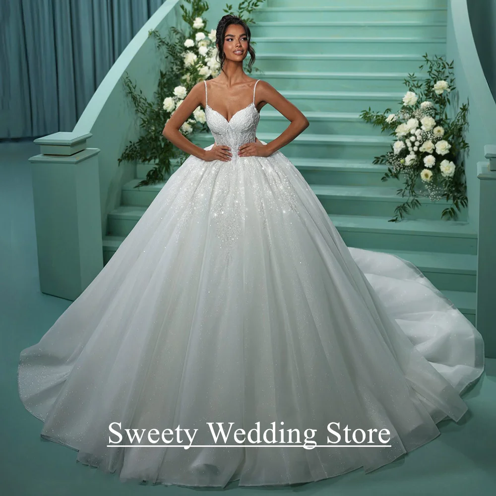 Luxus Ballkleid Brautkleider für Frau Angepasst Spaghetti-trägern V-ausschnitt Perlen Applique Brautkleid Vestido De Noiva