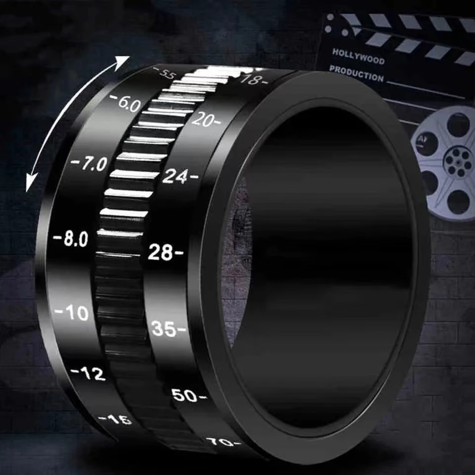 Rotatable Decompression Stainless Steel Black Plated Camera Telephoto Lens Design Spinner For Men's Ring Fashion Charm Jewelry