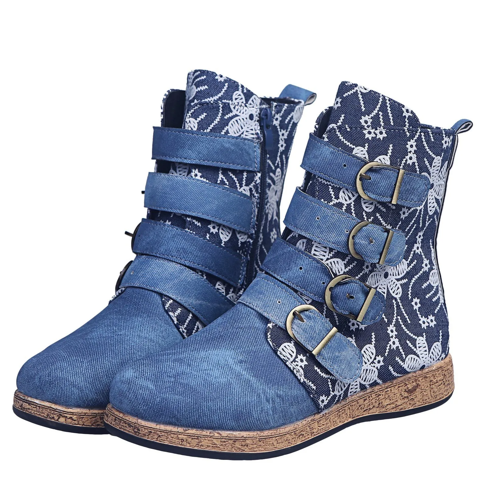 New Women Denim Boots Retro Printed Metal Buckle Soft Bottom Zipper Ankle Boots Ladies Shoes Fashion Comfort Botines Mujer 2023