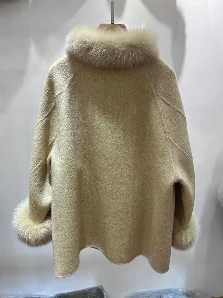 2025 Women Real Fur Coat Natural Fox Fur Collar Cuffs Cashmere Wool Woolen Jacket Outerwear Winter Ladies Cusual Outwear