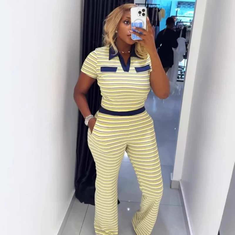 

New African Fashion Women Two Piece Set Summer Short Sleeve Turn Down Collar Striped Printed Top and Pants Set