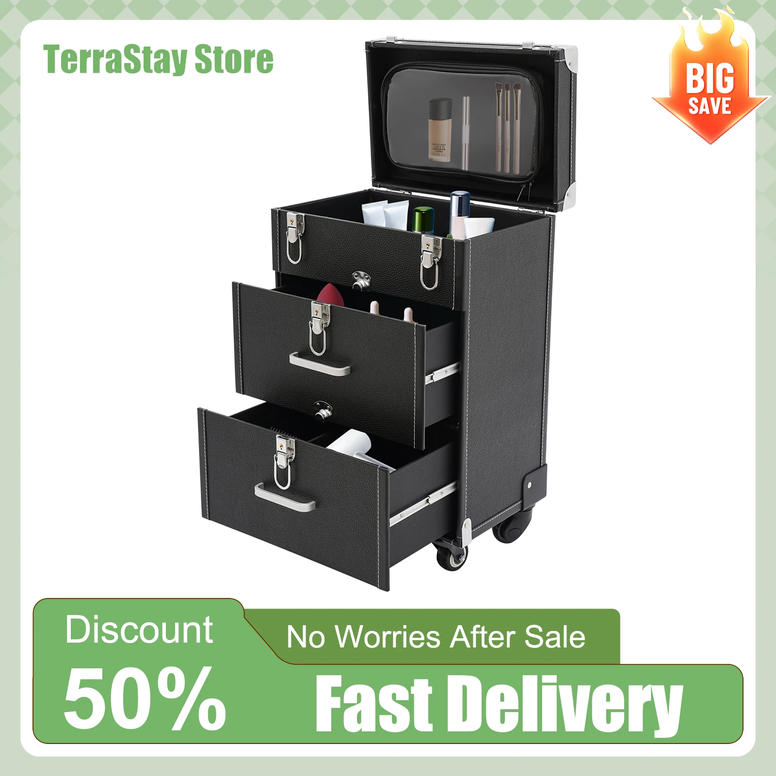 

Косметичка на колесиках, косметическая тележка с колесиками для макияжа, салона красоты, 45 слотов, запираемые бесшумные универсальные колеса