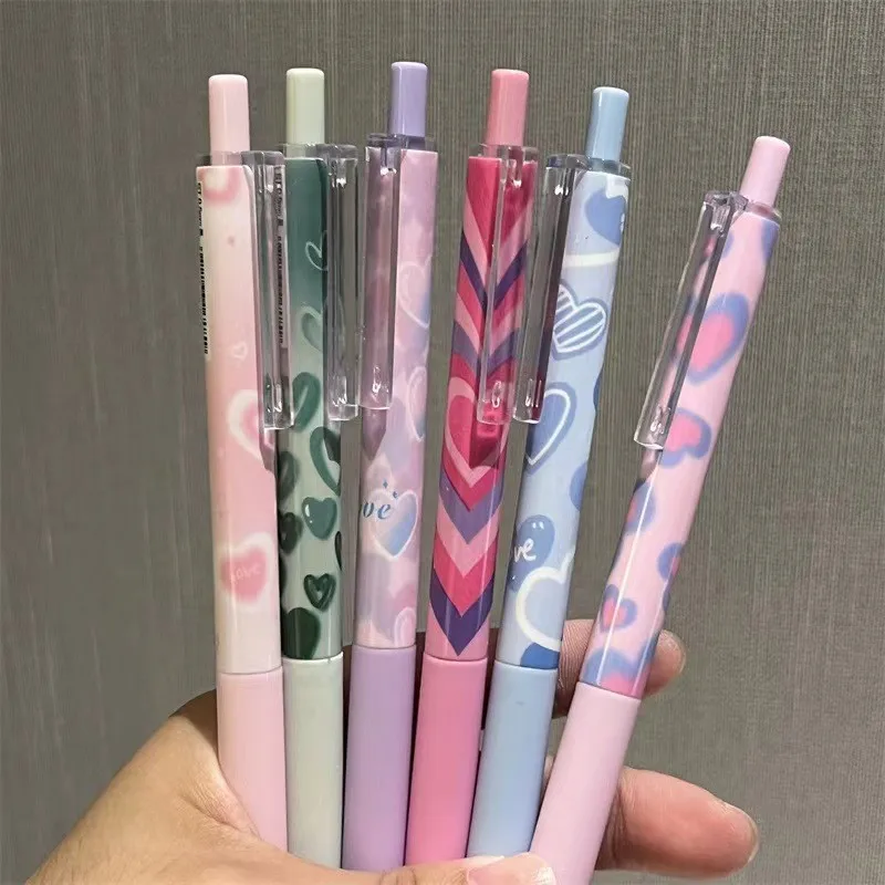 6 Pcs/Set purple rose heart Gel Pens 0.5mm Press Ballpoint Pens Black Ink Writing Pens Office School Stationery Supplies