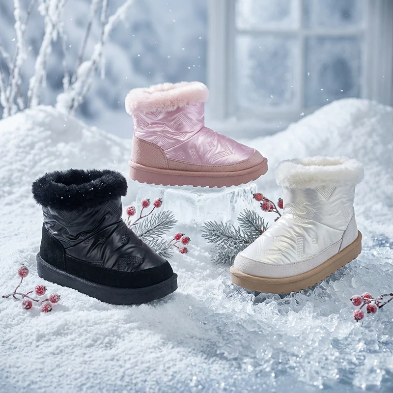 Children Girl Snow Boots 2026 New Winter Thicken Plush Princess Cotton Shoes Faux Fur Edge Slip On Waterproof Kids Boots CSH1699