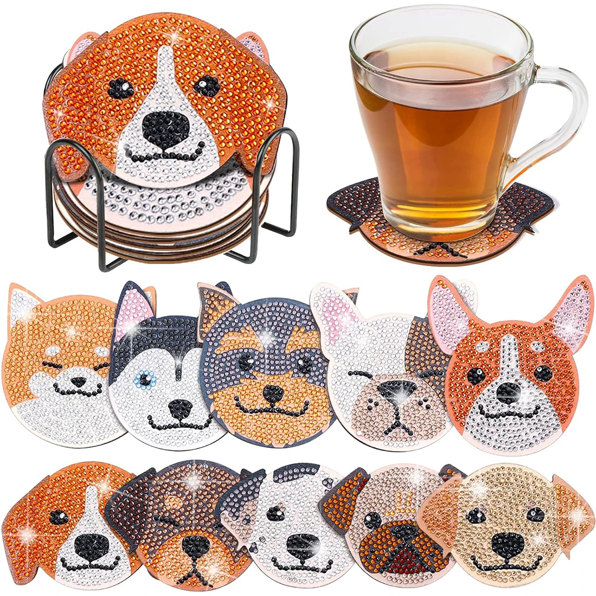 10 pieces/set of wooden coasters with dog patterns and diamond paintings, DIY creative diamond painting coasters, holiday gifts