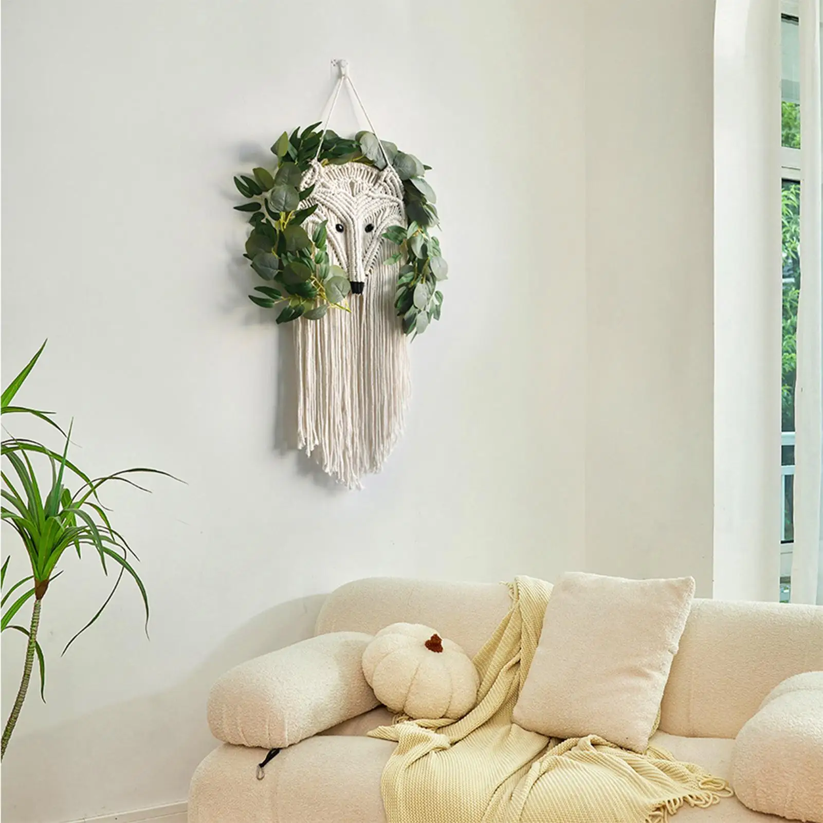 Boho Macrame Wall Art Boho Tapestry with Fake Plants Wall Decor Aesthetic Long Woven Tassel for Home Dorm Living Room Cafe
