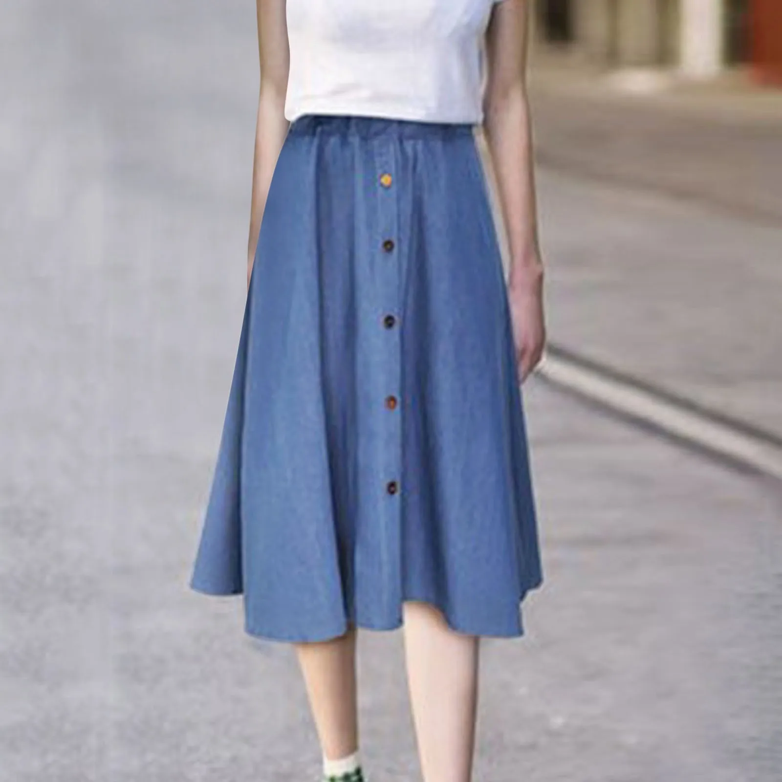 

Denim Jean Skirt For Women 2024 Summer Stretchy High Waist Button Up A-Line Flowy Midi Skirts Daily Commuting Fresh Style