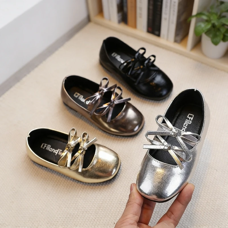 

Fashion Spring Toddler Girls Big Kids Dance Flats with Cute Double Bow Kids School Leather Shoes Soft Sole Trendy Party Sweet