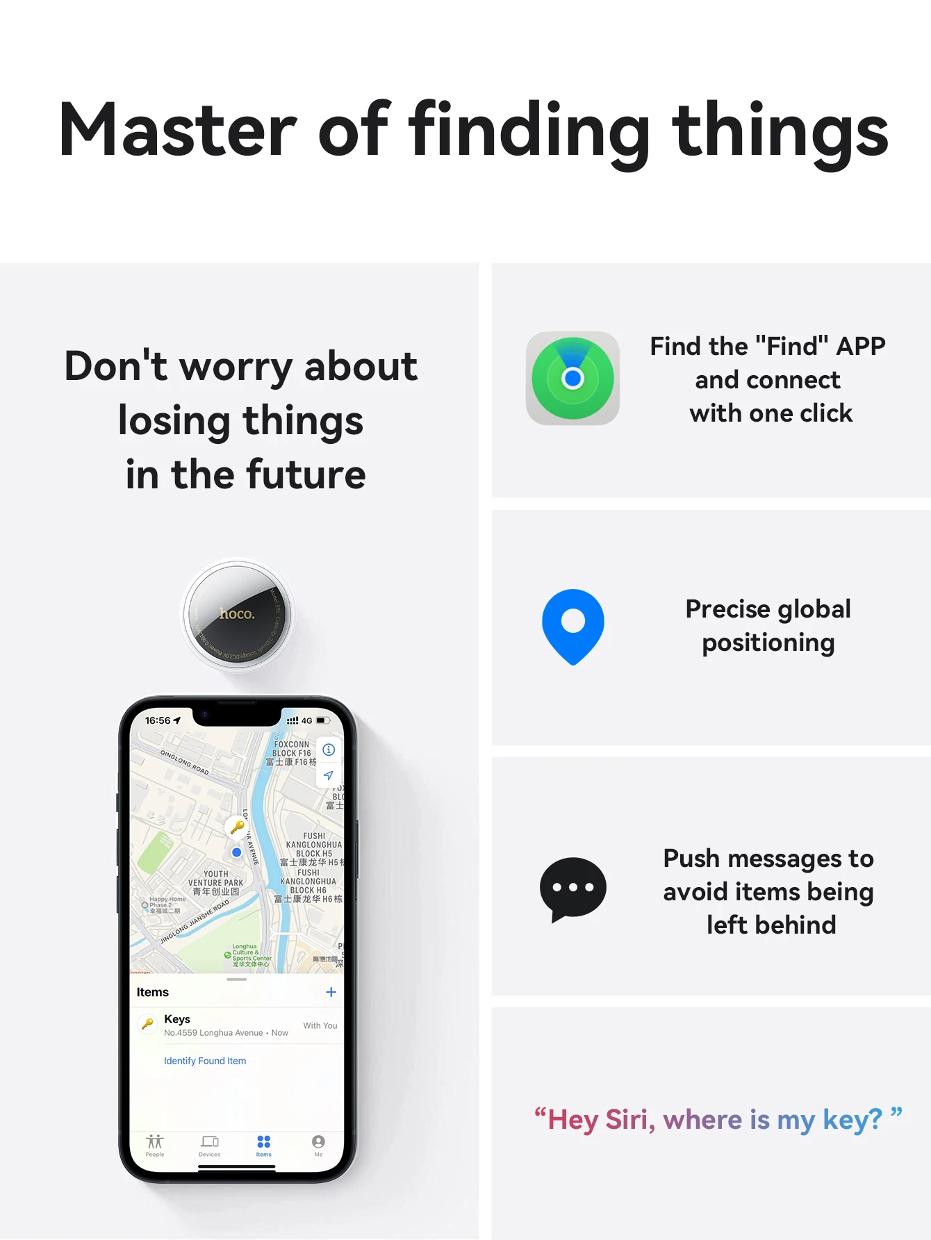 HOCO 4-teiliger Anti-Verlust-Tracker für Apple Airtag Ersatz IOS Find My Bluetooth GPS-Tracker für Gepäck und Schlüssel mit Hülle – Detail 2