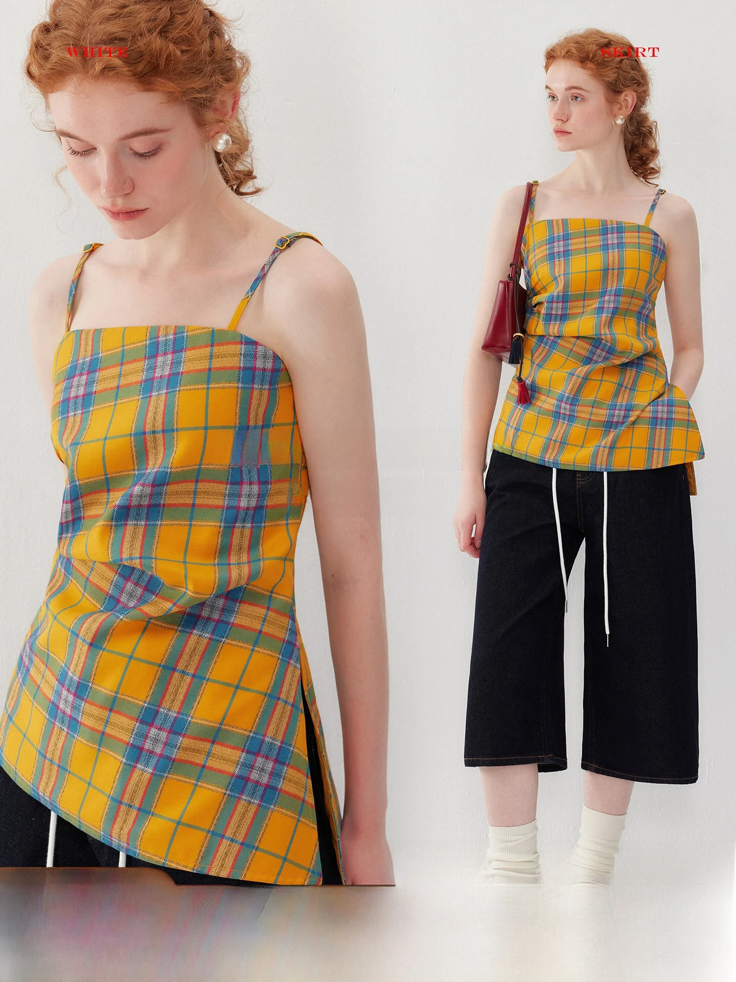 

Женский жилет на одно плечо в оранжево-желтую клетку с боковыми сборками, омолаживающий топ для повседневной носки, с принтом, из полиэстера