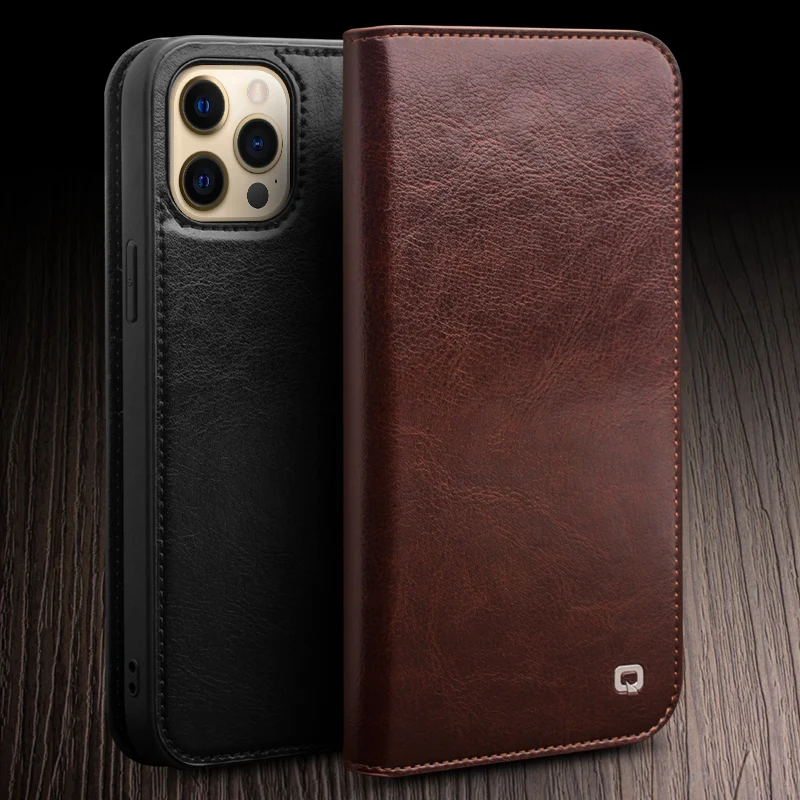 

Qialino Brand Genuine Leather Flip Cover For Iphone 14 13 12 11 Pro Xs Max Mini X Real Cowhide Phone Case Kickstand Card Pocket