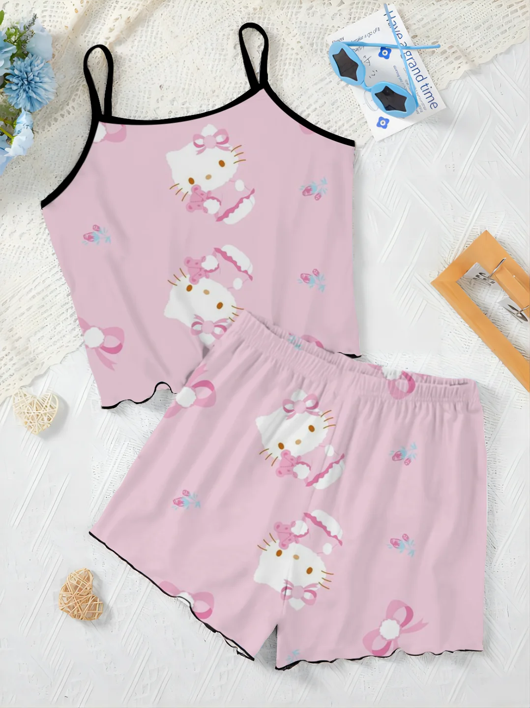 Conjunto de 2 piezas de ropa de Hello Kitty para mujer, camiseta y vestido, falda de pijama, Top elegante con ribete de lechuga, tendencia 2024