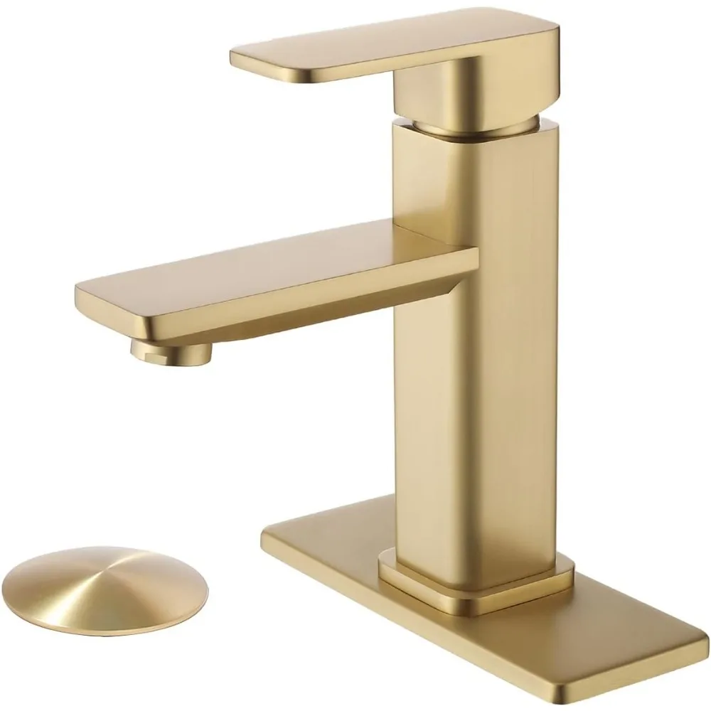

Modern Single Hole Bathroom Faucet, Brass Leak-Free Mixer with 1/3 Hole 6" Deckplate (Brushed Gold)