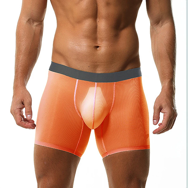 Sexy Mens Underwear Ice Silk Ultra-thin Long Leg Boxer Shorts Breathable Bulge Pouch Lengthen Underpants Leggings Short Pants