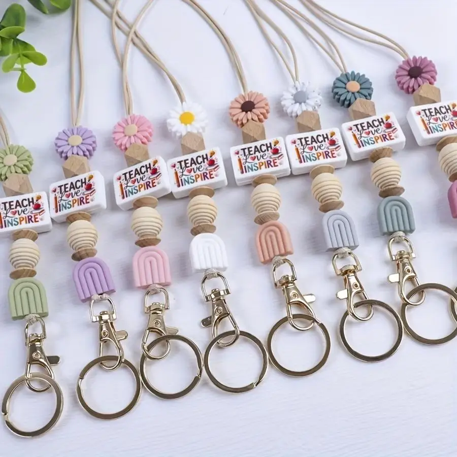 1/5/10/20/50/100pcs A "Teach Love Inspire" Floral Lanyard Keychain, Bohemian-style Rainbow Daisy Decorative ID Keychain with Bea