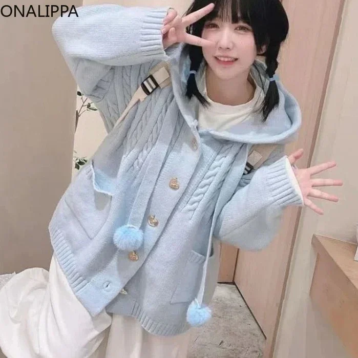 Onalippa Sweet Hooded Knitted Women Cardigan Balls Single Breasted Chic Buttons Cardigans Korean Chic Hemp Pattern Sweaters